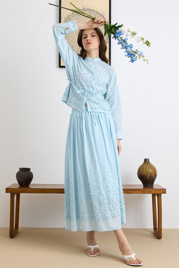 Üç Boyutlu Aplikeli Exclusive Gömlek Etek Takım MAVİ 9438-TK