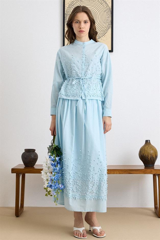 Üç Boyutlu Aplikeli Exclusive Gömlek Etek Takım MAVİ 9438-TK