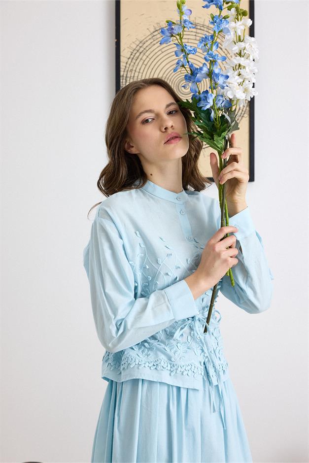 Üç Boyutlu Aplikeli Exclusive Gömlek Etek Takım MAVİ 9438-TK