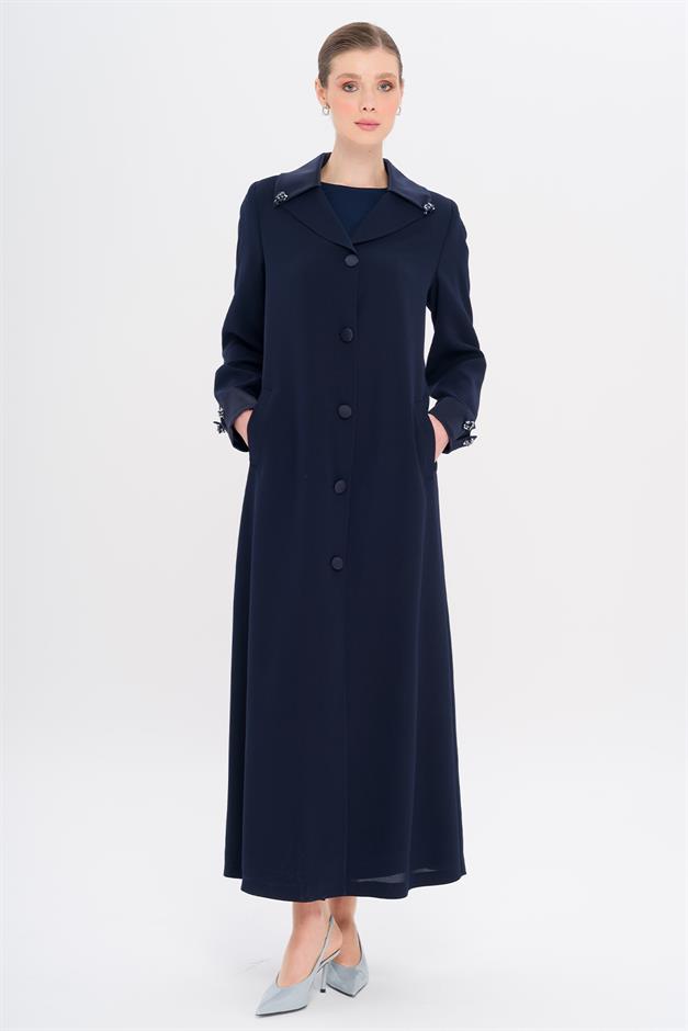 Üst Yakası Saten Garnili Taş Aksesuarlı Astarlı Büyük Beden Pardesü LACİVERT 6718