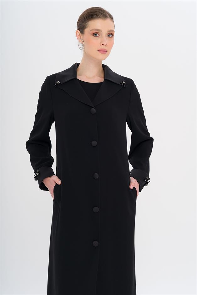 Üst Yakası Saten Garnili Taş Aksesuarlı Astarlı Büyük Beden Pardesü SİYAH 6718
