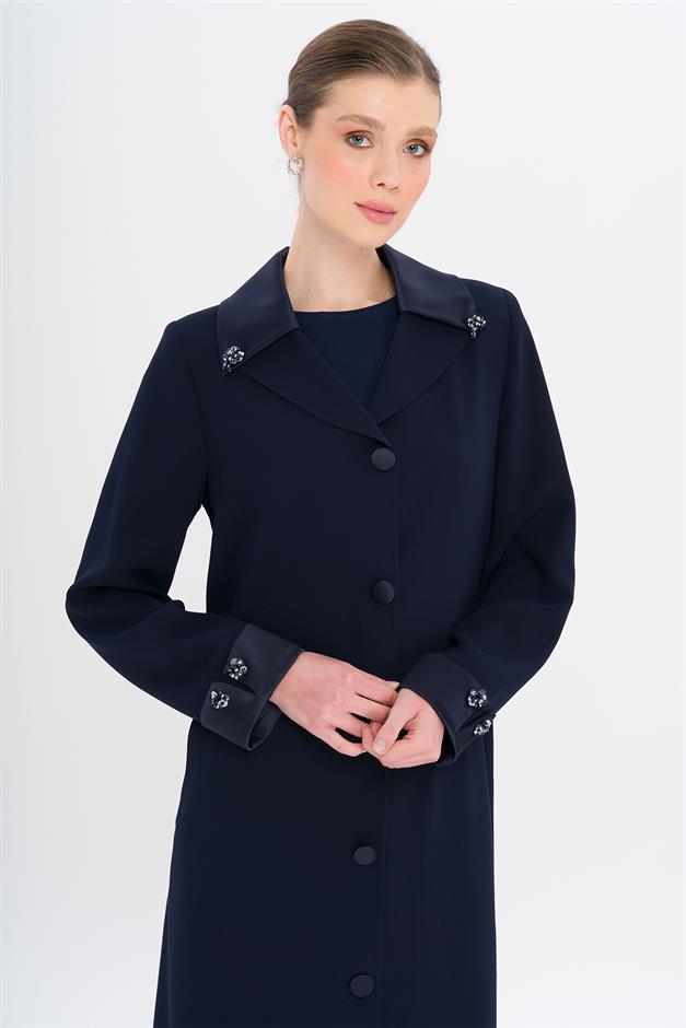 Üst Yakası Saten Garnili Taş Aksesuarlı Astarlı Büyük Beden Pardesü LACİVERT 6718