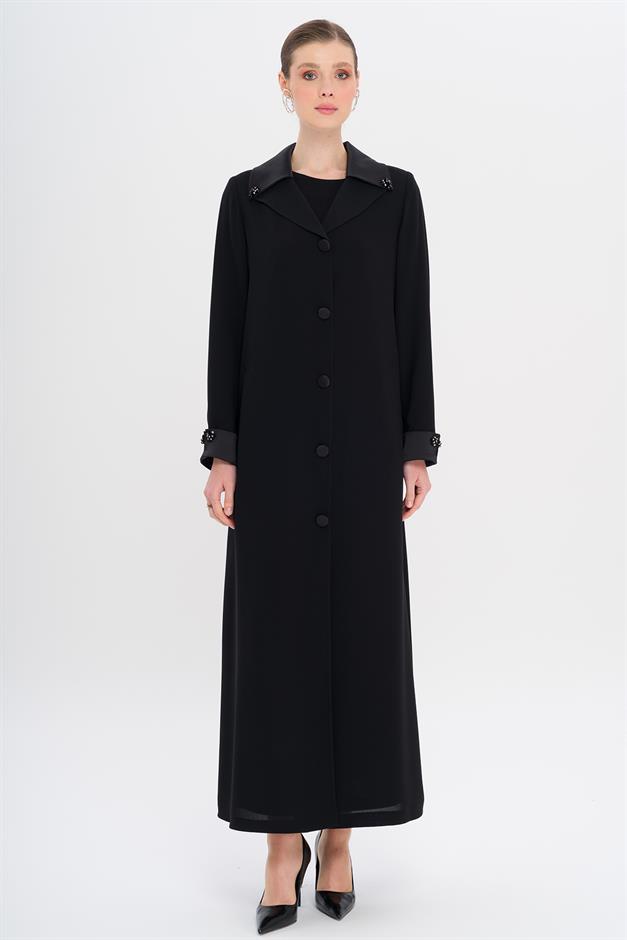 Üst Yakası Saten Garnili Taş Aksesuarlı Astarlı Büyük Beden Pardesü SİYAH 6718