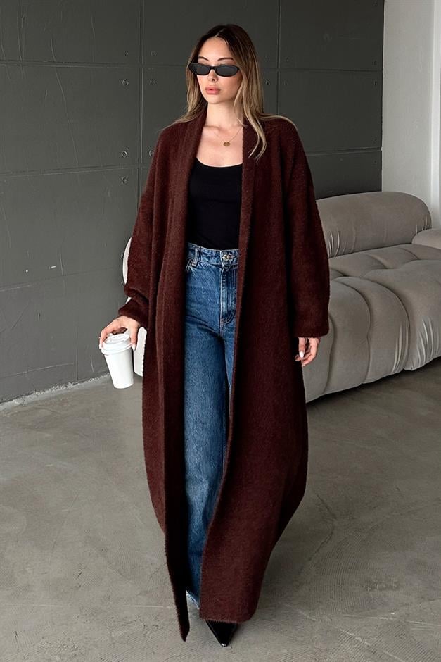 Long Loose Knit Cardigan COFFEE 8245