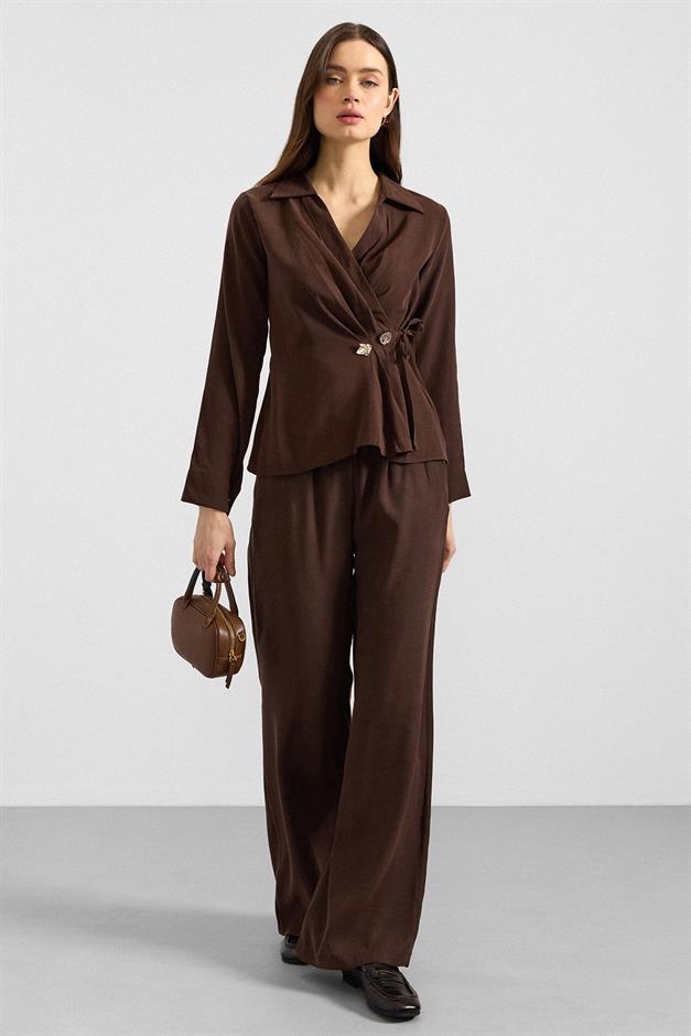 V Yaka Bağlamalı Modal Gömlek KAHVE 9407