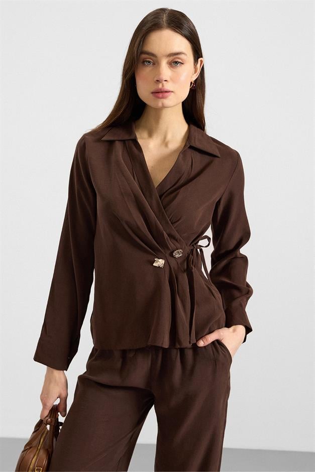 V Yaka Bağlamalı Modal Gömlek KAHVE 9407