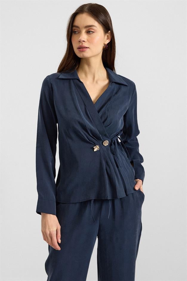 V Yaka Bağlamalı Modal Gömlek LACİVERT 9407