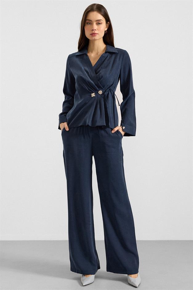 V Yaka Bağlamalı Modal Gömlek LACİVERT 9407