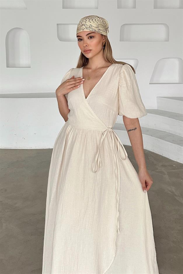 V-Necked Waist-Tied Muslin Dress IVORY 9354-E