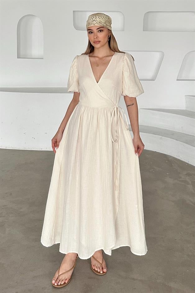 V-Necked Waist-Tied Muslin Dress IVORY 9354-E