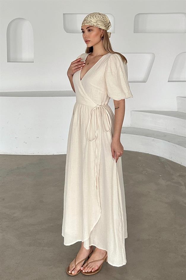 V-Necked Waist-Tied Muslin Dress IVORY 9354-E