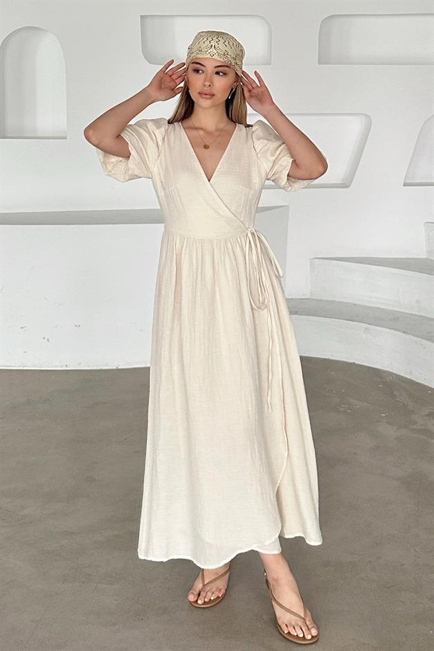 V-Necked Waist-Tied Muslin Dress IVORY 9354-E