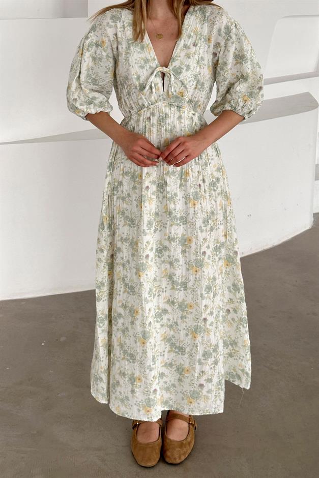 V-Neck Pleated Floral Muslin Dress GREEN 9357-E