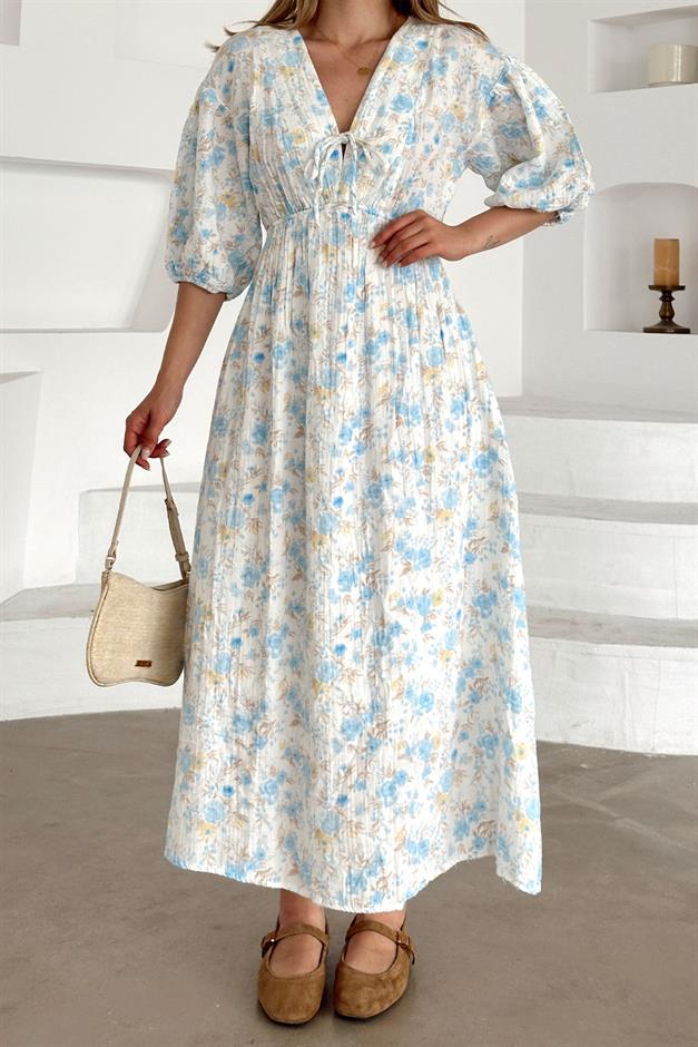 V-Neck Pleated Floral Muslin Dress BLUE 9357-E