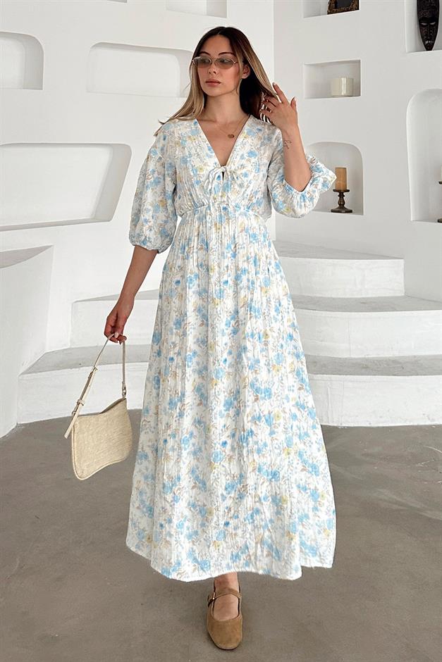 V-Neck Pleated Floral Muslin Dress BLUE 9357-E