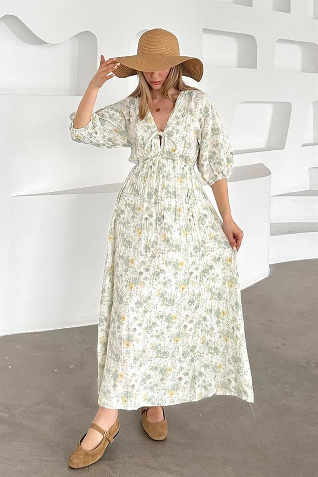V-Neck Pleated Floral Muslin Dress GREEN 9357-E