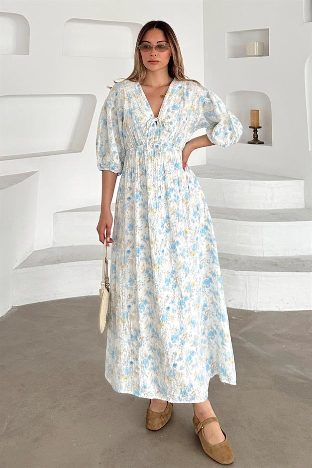 V-Neck Pleated Floral Muslin Dress BLUE 9357-E