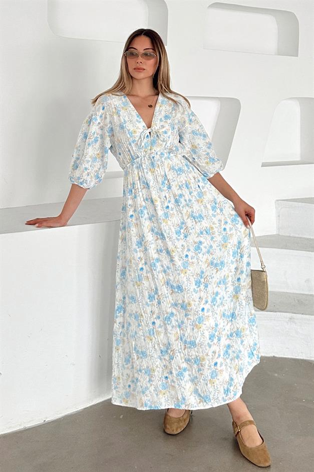 V-Neck Pleated Floral Muslin Dress BLUE 9357-E