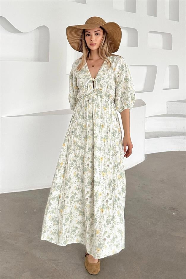V-Neck Pleated Floral Muslin Dress GREEN 9357-E