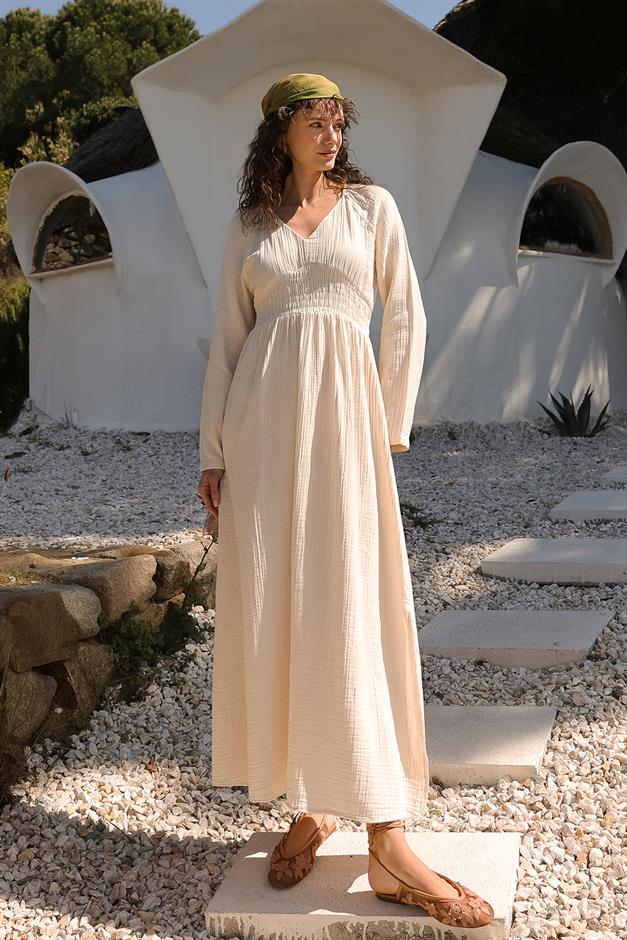 V-Neck Pleated Muslin Dress IVORY 9328-E