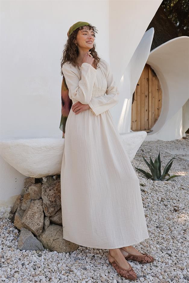 V-Neck Pleated Muslin Dress IVORY 9328-E