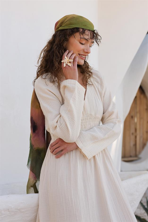 V-Neck Pleated Muslin Dress IVORY 9328-E