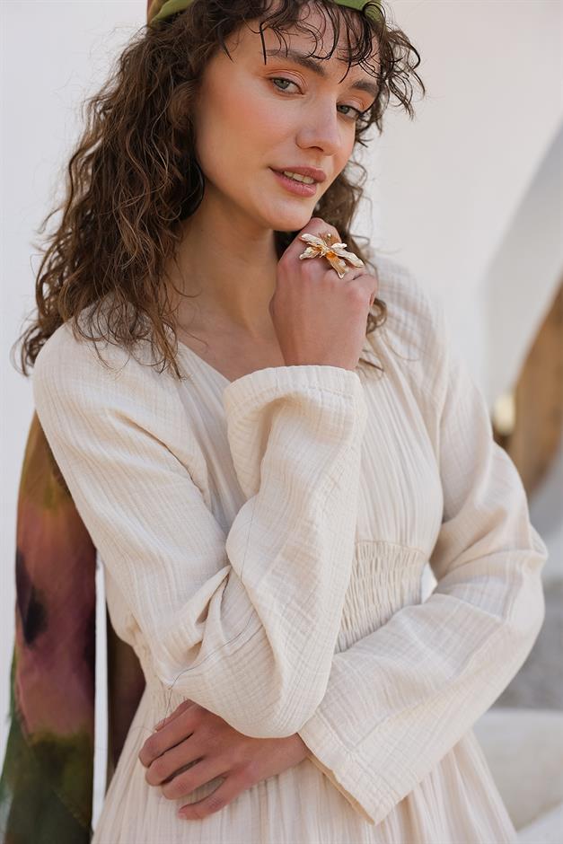 V-Neck Pleated Muslin Dress IVORY 9328-E