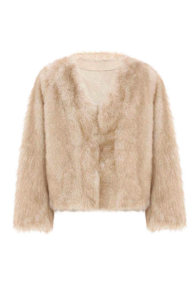 V Yaka Crop Exclusive Kürk Görünümlü Ceket BEJ 1006