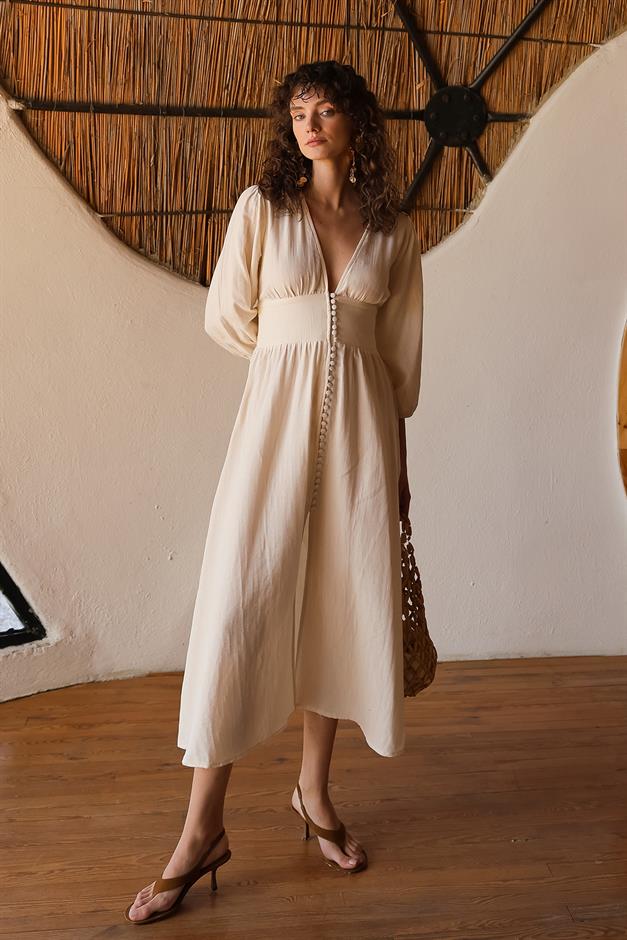 V-Neck Poplin Dress with Crepe Button Detail CREAM 9290-E