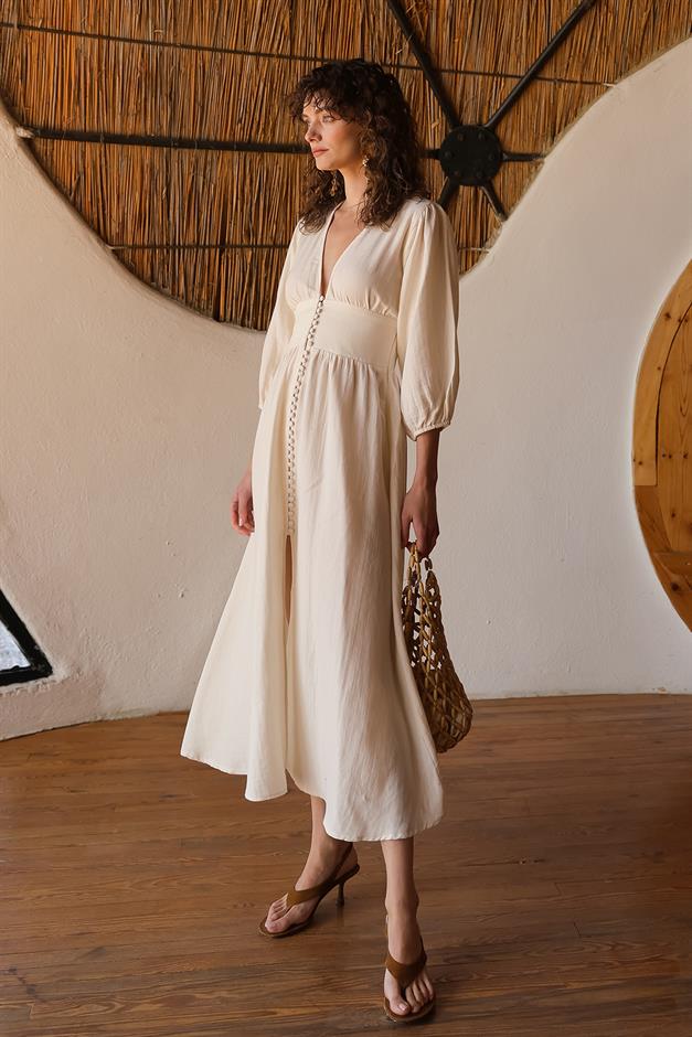 V-Neck Poplin Dress with Crepe Button Detail CREAM 9290-E