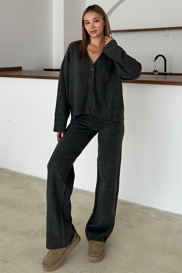 V-Neck Cardigan Trouser Knitwear Set HARD COAL 9368-TK