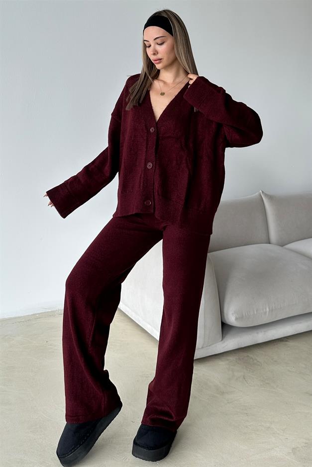 V-Neck Cardigan Trouser Knitwear Set CLARET RED 9368-TK