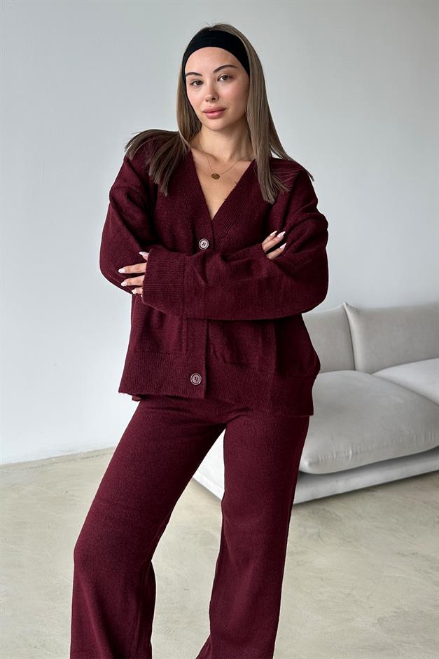 V-Neck Cardigan Trouser Knitwear Set CLARET RED 9368-TK