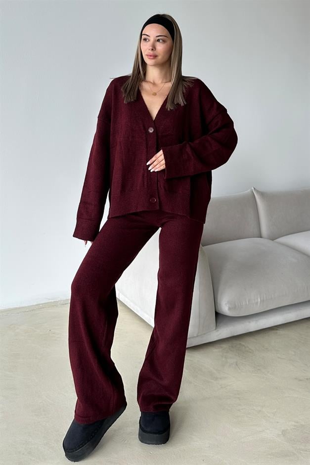 V-Neck Cardigan Trouser Knitwear Set CLARET RED 9368-TK