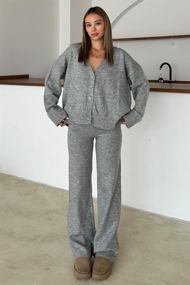 V-Neck Cardigan Trouser Knitwear Set GREY 9368-TK