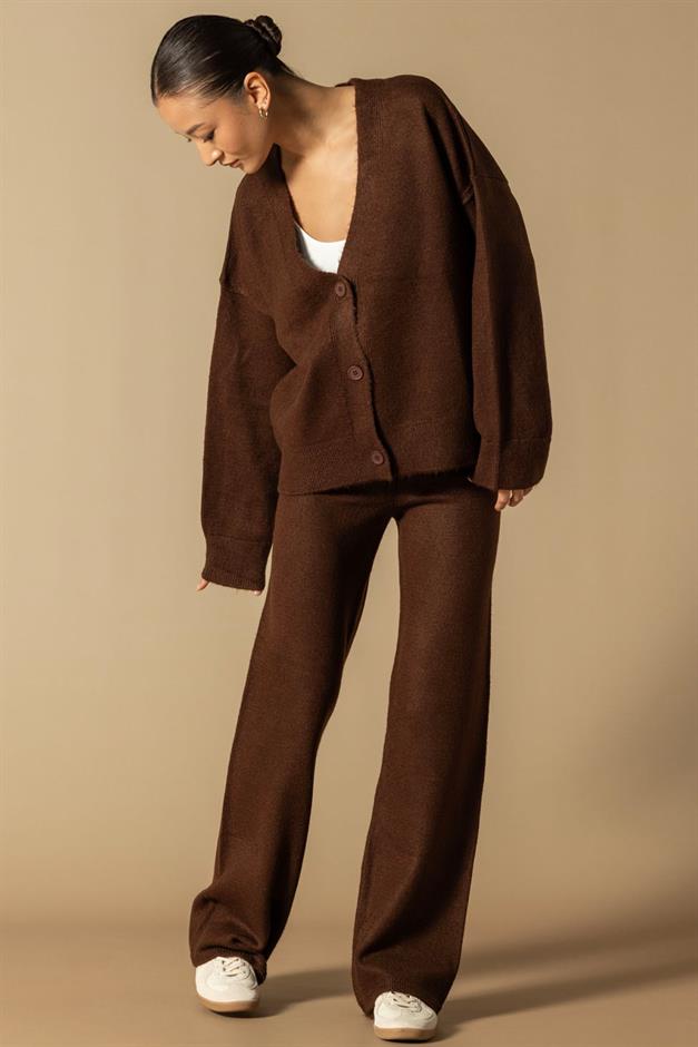 V Yaka Hırka Pantolon Triko Takım KAHVE 9368-TK
