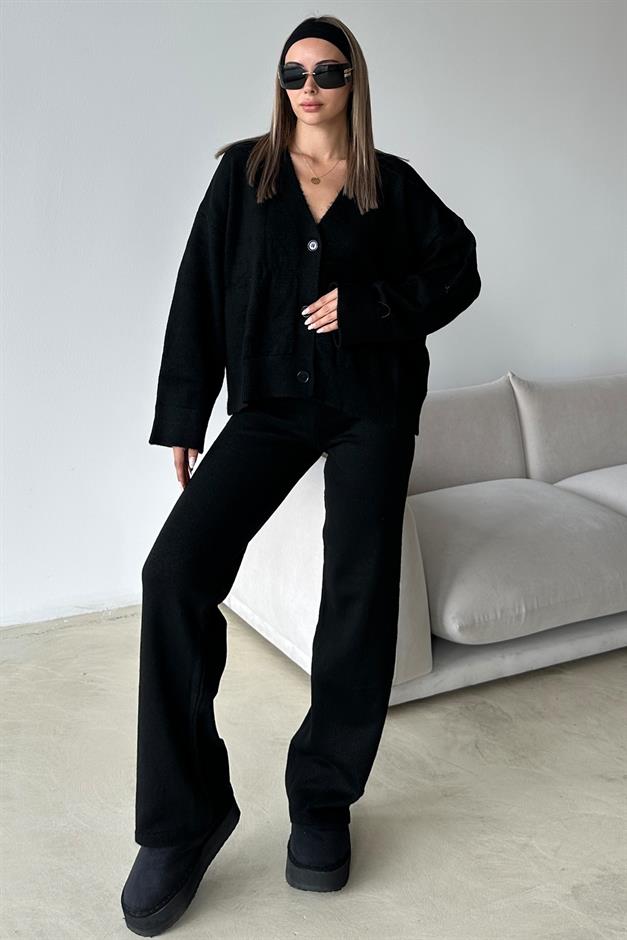 V-Neck Cardigan Trouser Knitwear Set BLACK 9368-TK