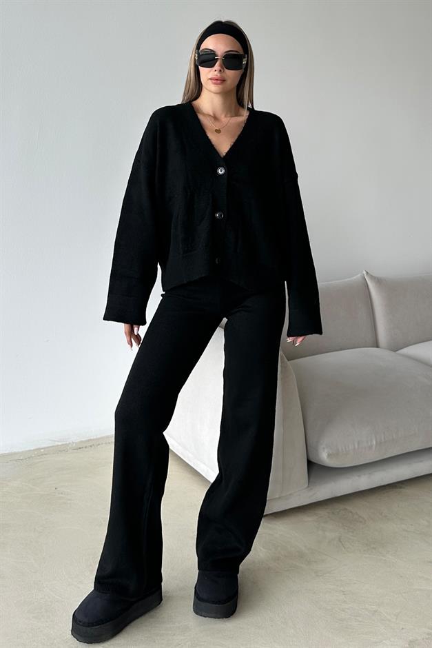V-Neck Cardigan Trouser Knitwear Set BLACK 9368-TK