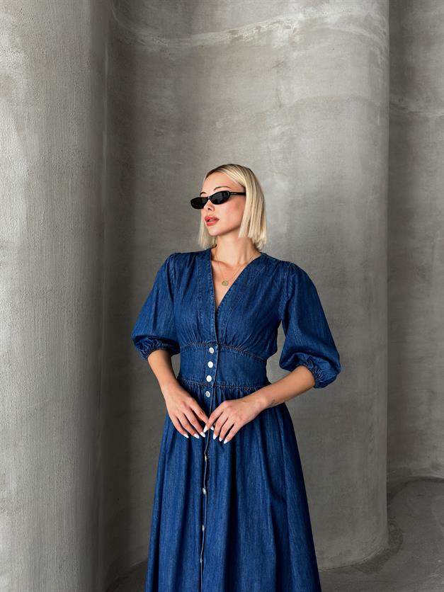 V-Necked Bodice Denim Dress with Snap Closure DARK BLUE 9254-E