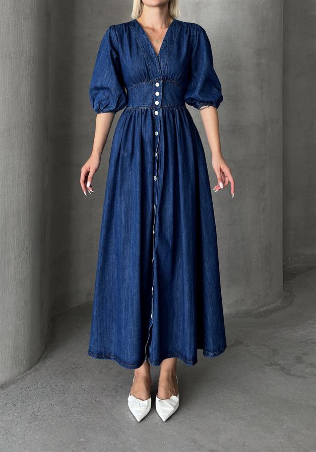 V-Necked Bodice Denim Dress with Snap Closure DARK BLUE 9254-E