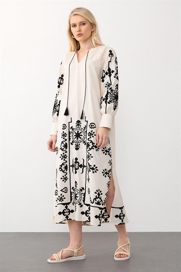 V-Neck Embroidered Poplin Dress IVORY 9289-E