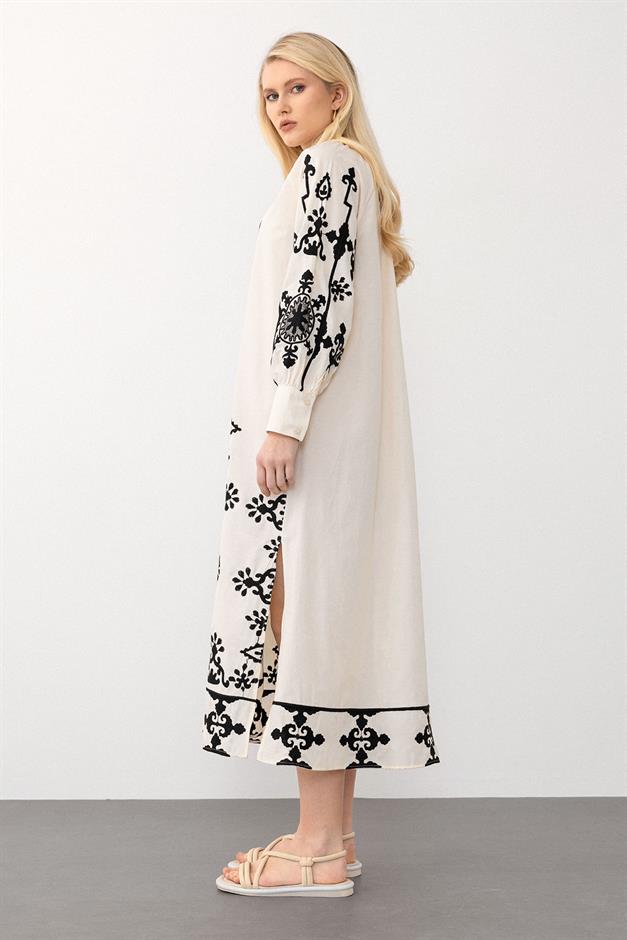 V-Neck Embroidered Poplin Dress IVORY 9289-E