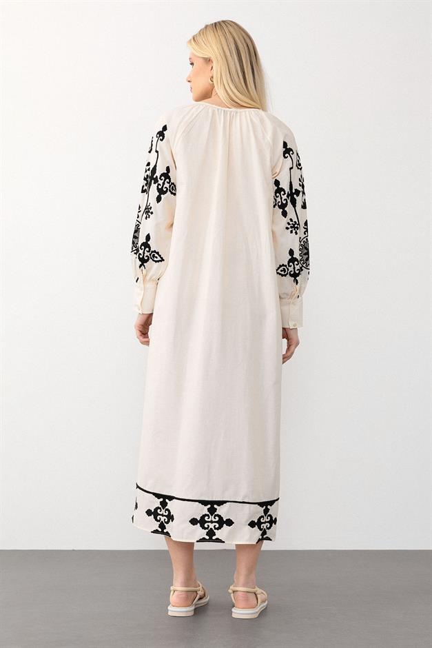 V-Neck Embroidered Poplin Dress IVORY 9289-E