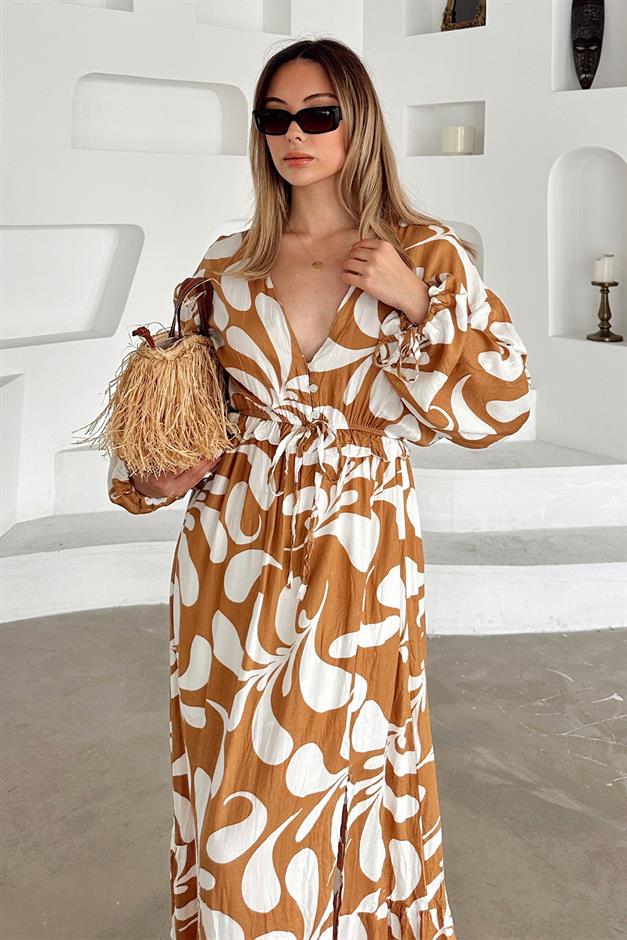 V-Neck Slit Detail Patterned Dress CAMEL 9350-E