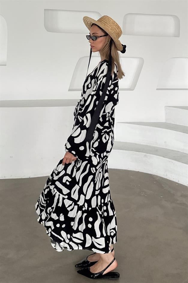 V-Neck Slit Detail Patterned Dress BLACK 9350-E