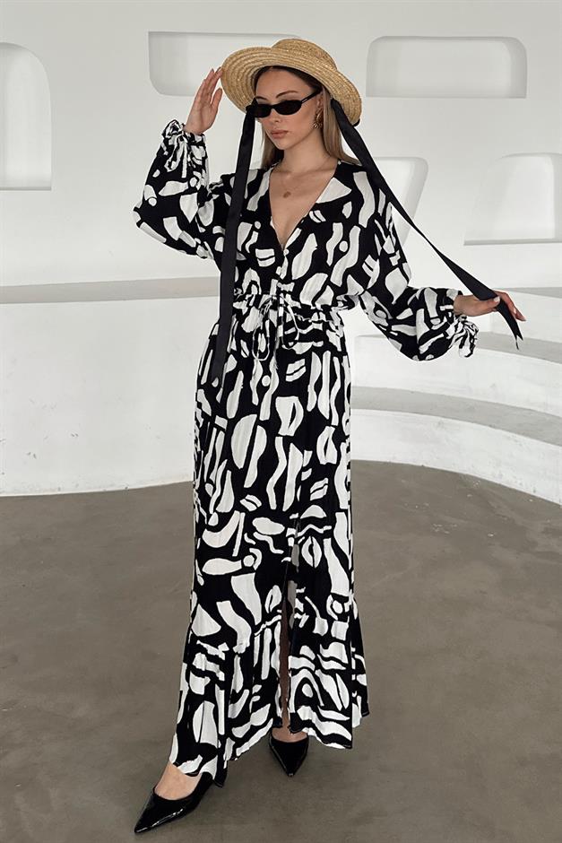 V-Neck Slit Detail Patterned Dress BLACK 9350-E