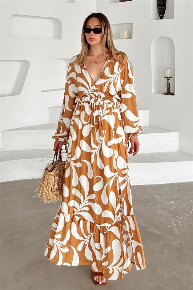 V-Neck Slit Detail Patterned Dress CAMEL 9350-E