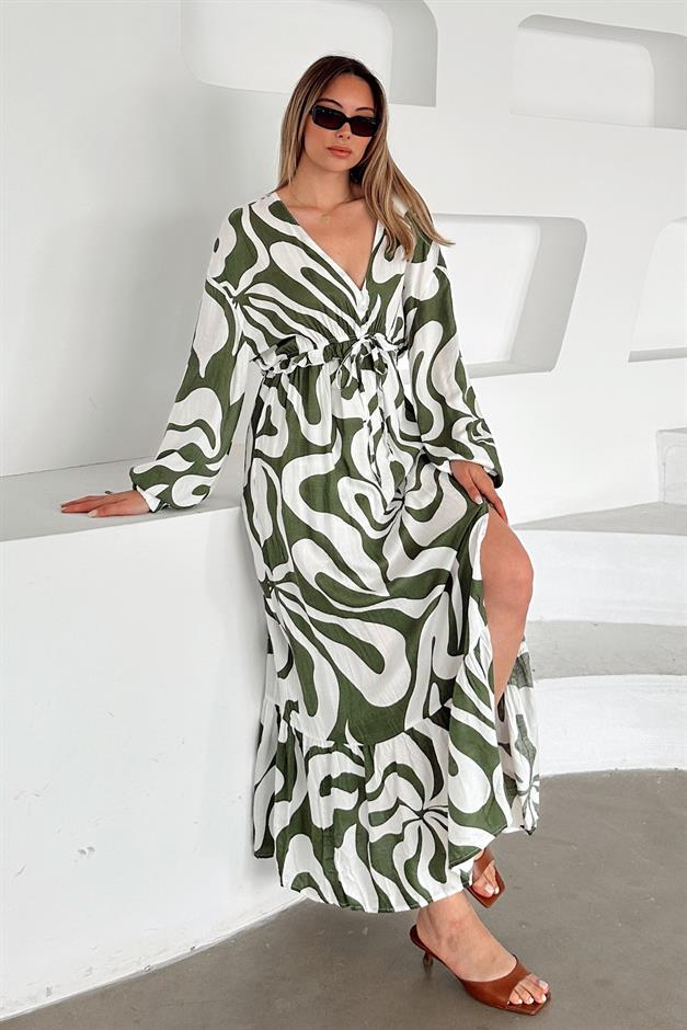 V-Neck Slit Detail Patterned Dress DRAB 9350-E