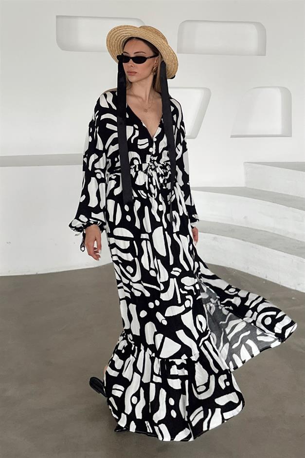 V-Neck Slit Detail Patterned Dress BLACK 9350-E