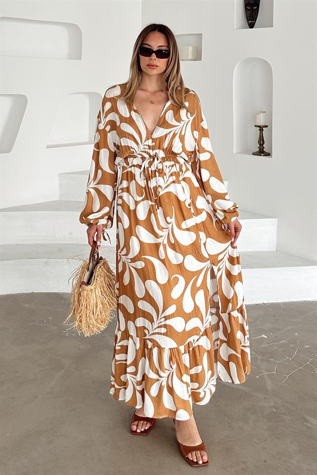 V-Neck Slit Detail Patterned Dress CAMEL 9350-E